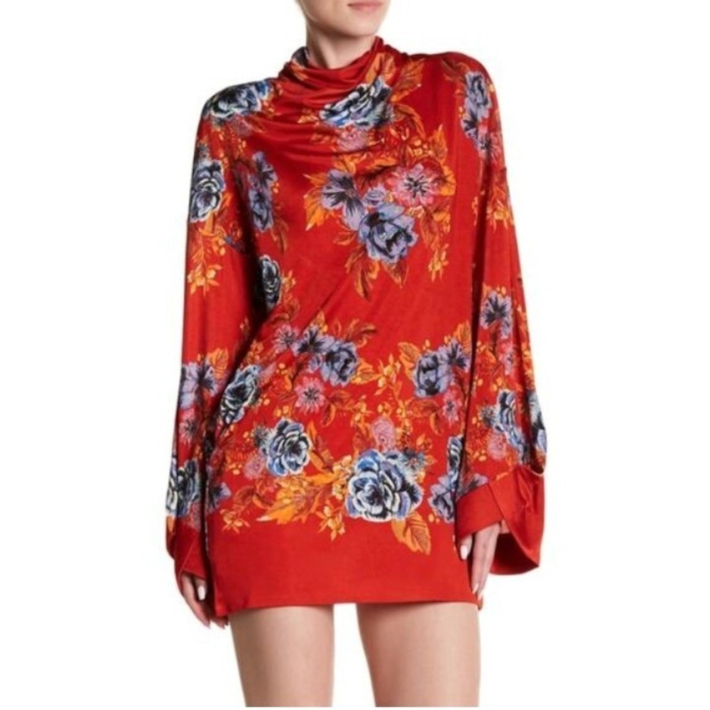 Free People Red Floral Open Back Tie Mini Dress Long Sleeve Mock Neck S Pockets